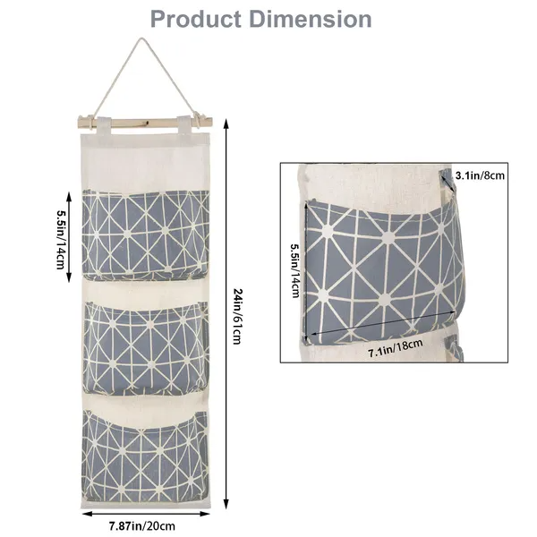 Hanging Wall and Closet Organizer with 3 Pockets, Grey - Image 5