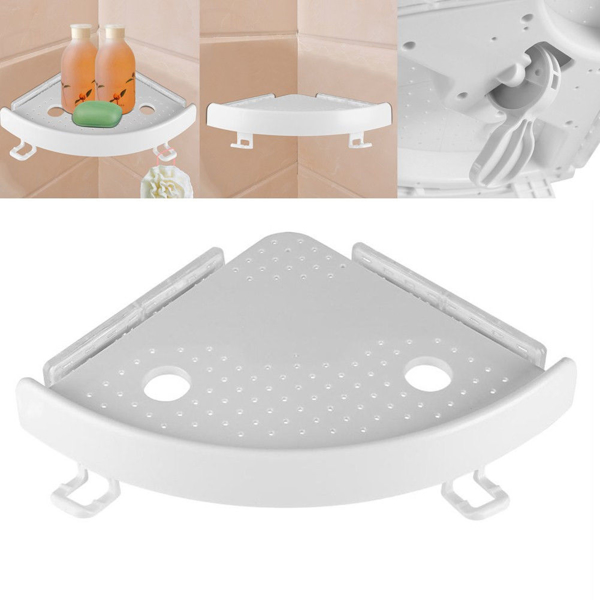 White Plastic Bathroom Corner Shelf Organizer With Hooks - Image 4