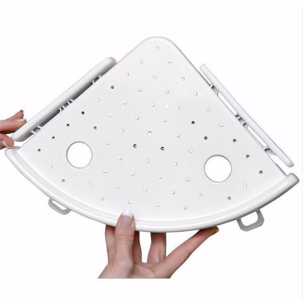 White Plastic Bathroom Corner Shelf Organizer With Hooks - Image 2